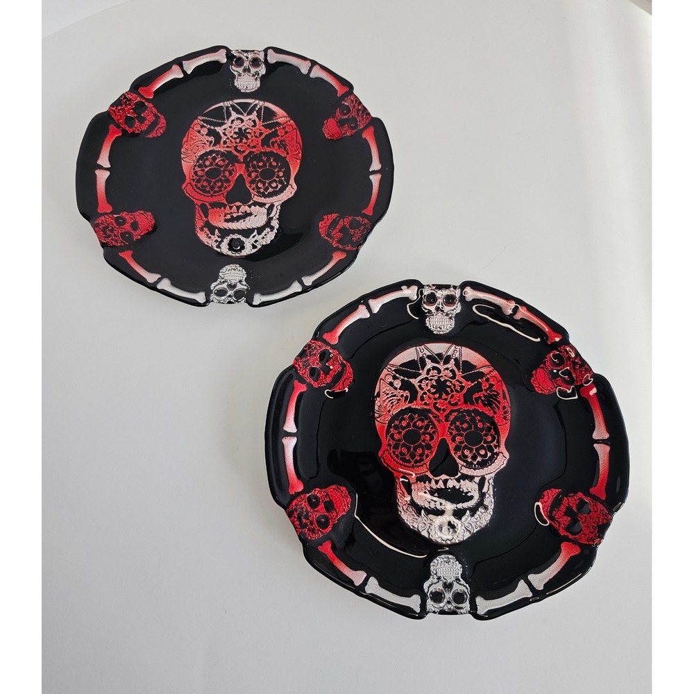 Day of the Dead Halloween Plate Set of 2 Red, Silver, Black Akcam Turkish Glass